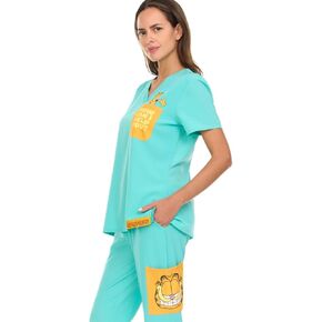 مجموعة من الدعك النسائية-2 قطعة Garfield V-Neck قميص وسروال عمل طبي للنساء (الأحجام: S-XL)