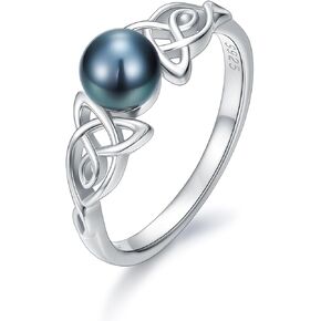 Tahitian Black Pearl 18K White Gold Plated Sterling Silver Celtic Knot Rings for Women Wife Mom Girlfriend Valentine Jewelry Gift for Mother Day Wedding Anniversary Her Birthday