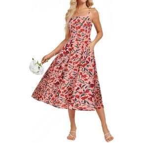 GRACE KARIN Women's Summer Floral Wedding Guest Dress Boho Beach Casual Formal Dresses A Line Sleeveless Dress with Pockets