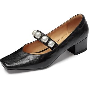 XIEDA Women's Genuine Leather Low Chunky Heel Pumps with Pearl Square Toe Dress Shoes