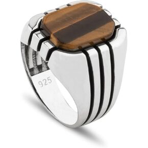 Men's Classic Design 925 Sterling Silver Ring with Tiger Eye Gemstone and Hand-engraved Stripes on the sides