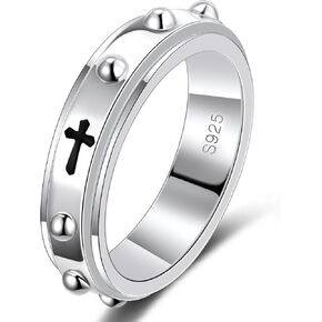 Lyttmab 6mm Sterling S925 Silver Rosary Spinner Ring للرجال ، حلقة الوردية العقد للإصبع للنساء ، حلقة تململ القلق الكاثوليكي
