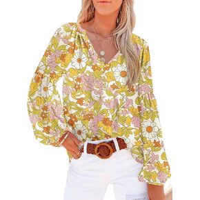 SHEWIN Women's Casual Boho Floral Print V Neck Long Sleeve Loose Blouses Shirts Tops