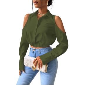 SweatyRocks Women's Cold Shoulder Long Sleeve Button Down Collared Cropped Blouses