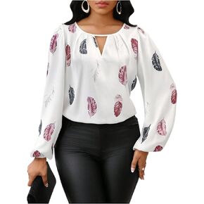 Verdusa Women's Metallic Keyhole Neckline Blouse Long Lantern Sleeve Crew Neck Shirts Top