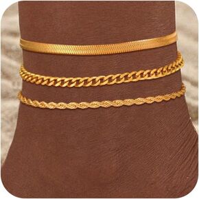 Gold Anklets for Women Waterproof 14k Gold Plated Cuban Link Anklets Non Tarnish Rope Herringbone Ankle Chain Summer Beach Jewelry Gifts for Women in Kuwait