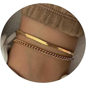 Carovo 14k مملوءة بالذهب 2 طبقة مسطحة مسطحة السلسلة الكوبية ارتباط أساور الكاحل للنساء بوهو لطيف الصيف شاطئ الذهب السلسلة طحلى قابلة للتعديل مجوهرات اليومية للنساء