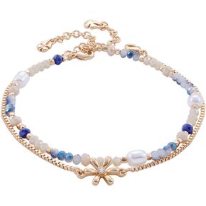Lucky Brand Women's Beaded And Flower Chain Anklet Set, Gold, Unsized