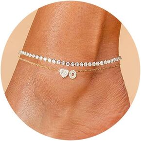 Gold Initial Ankle Bracelets for Women 14K Gold Plated CZ heart Tennis Anklets for Women Waterproof Adjustable Initial Anklets Large Ankle Summer Beach Foot Jewelry