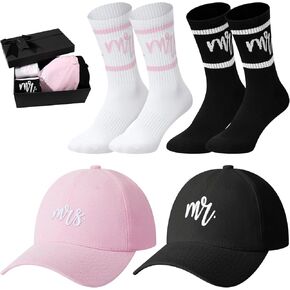 Eurzom 5 Pcs Mr and Mrs Gifts Embroidered Baseball Caps Mr and Mrs Crew Socks Bride and Broom Gift Box Set for Couples Newlywed Honeymoon Bridal Shower Engagement Wedding Favors