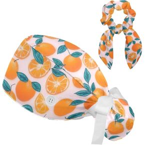 Scrub Caps Women, Surgical Caps with Buttons, Ponytail Nurse Hat, Bouffant Scrub Hats with Hair Scrunchy Adjustable, Orange Cute Cartoon Fruit Pastorable Vintage Pink