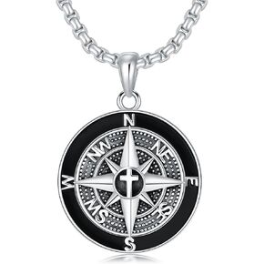 925 Sterling Silver Compass Necklace for Men, w/Stainless Steel Chain 22+2 Inch