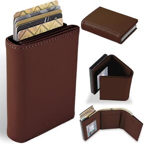 Pop Up Wallet for Men, Leather & Aluminum-Trifold Wallet for Men, Holds 12 Cards,20 Bills,Coins, ID Window, Functional & Minimalist Wallet, RFID Wallet for Men,Father's Day Gifts Brown