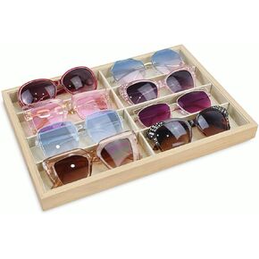 Ikee Design 8-Slot Bamboo Sunglasses Organizer Tray, Eyewear Storage Case Box with Beige Suede Lining, Multi-Purpose Display Tray for Glasses, Jewelry, and Accessories, 14W x 9.6D x 1.2H in
