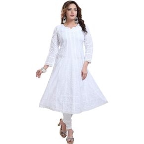 DREAM & DZIRE white kurti for women flair chikankari anarkali in plus size & small size.