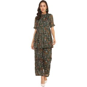 Janasya Indian Women's Green Flowy Printed Festive Casual Evening wear Co-ord Set for Women