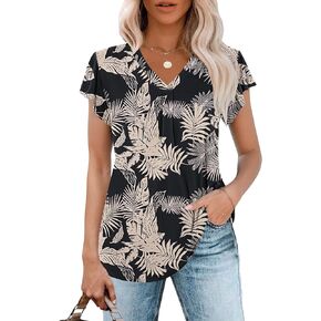 WNEEDU Women's Summer Tops Ruffle Sleeve V Neck Tunic Tops Casual Loose Fit Shirts Blouses