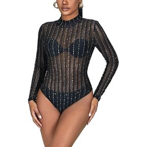 Black Sheer Glitter Sequins Bodysuit for Women Sexy Long Sleeve High Neck Mesh Top with Sparkly Stripes
