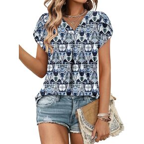 ONLYSHE Womens Floral Tunic Top Short Sleeve Shirts Loose Fit Summer Tops