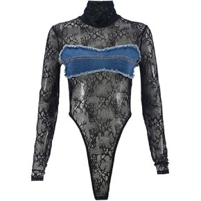 Women Long Sleeve Lace Bodysuit Top Mock Turtle Neck See Through Mesh Body Suits Jumpsuit