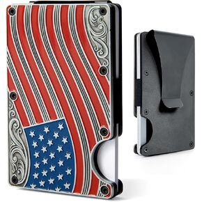 American Flag Wallet Red و Bhite و Blue Silver Metal Card -Card/Money Clip للرجال مع حظر RFID - حامل بطاقة ائتمان رفيعة وأنيقة وآمنة مع مقطع قابل للإزالة