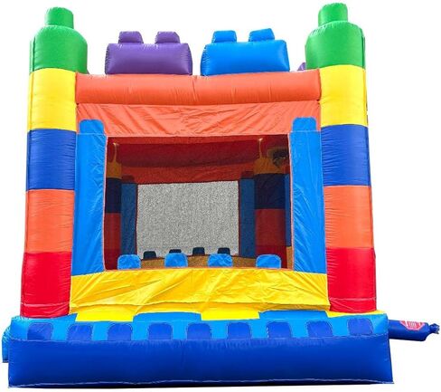 Pogo Bounce House Crossover Inflatable Bounce, Rainbow Building Blocks, 13 x 12 x 14.5 Foot, Outdoor Playhouse for Kids Outdoor Commercial Castle with Basketball Hoop, Blower, Stakes, & Storage Bag in Saudi Arabia
