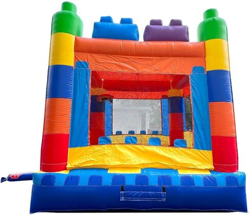 Pogo Bounce House Crossover Inflatable Bounce, Rainbow Building Blocks, 13 x 12 x 14.5 Foot, Outdoor Playhouse for Kids Outdoor Commercial Castle with Basketball Hoop, Blower, Stakes, & Storage Bag in Saudi Arabia