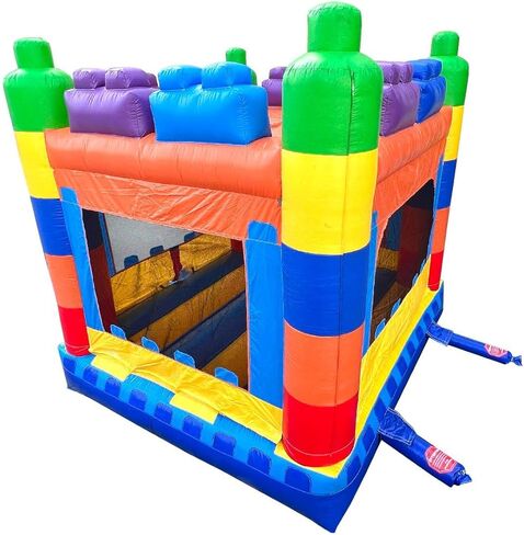 Pogo Bounce House Crossover Inflatable Bounce, Rainbow Building Blocks, 13 x 12 x 14.5 Foot, Outdoor Playhouse for Kids Outdoor Commercial Castle with Basketball Hoop, Blower, Stakes, & Storage Bag in Saudi Arabia