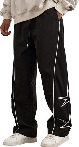 Yimoon Men's Star Pants Y2K Lightweight Drawstring High Rise Side Striped Pants Wide Leg Baggy Dance Pants with Pockets in Saudi Arabia