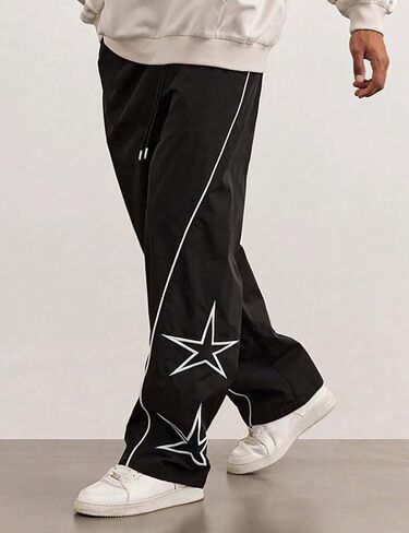 Yimoon Men's Star Pants Y2K Lightweight Drawstring High Rise Side Striped Pants Wide Leg Baggy Dance Pants with Pockets in Saudi Arabia