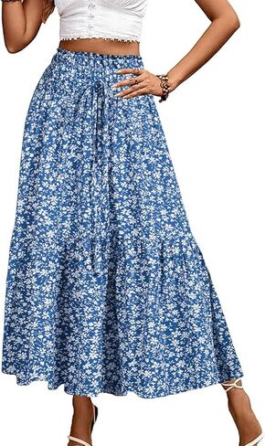 Long Skirts for Women High Elastic Waist Skirt Casual Summer Fake Drawstring Floral Pleated A Line Boho Cute Skirts 8627 in Saudi Arabia