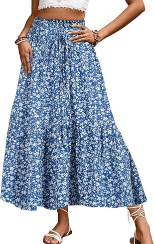 Long Skirts for Women High Elastic Waist Skirt Casual Summer Fake Drawstring Floral Pleated A Line Boho Cute Skirts 8627 in Saudi Arabia