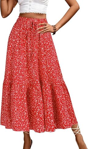 Long Skirts for Women High Elastic Waist Skirt Casual Summer Fake Drawstring Floral Pleated A Line Boho Cute Skirts 8627 in Saudi Arabia