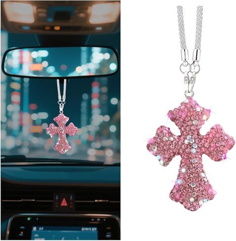Bling Cross Car Rear View Mirror Hanging Ornament, Crystal Rhinestones Religious Vehicle Rearview Mirror Pendant Charm, Auto Interior Decoration Accessories, Universal Fit (Pink) in Saudi Arabia