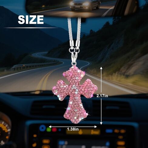Bling Cross Car Rear View Mirror Hanging Ornament, Crystal Rhinestones Religious Vehicle Rearview Mirror Pendant Charm, Auto Interior Decoration Accessories, Universal Fit (Pink) in Saudi Arabia