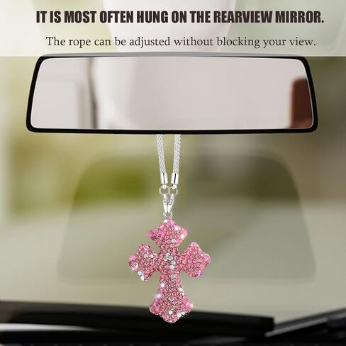 Bling Cross Car Rear View Mirror Hanging Ornament, Crystal Rhinestones Religious Vehicle Rearview Mirror Pendant Charm, Auto Interior Decoration Accessories, Universal Fit (Pink) in Saudi Arabia