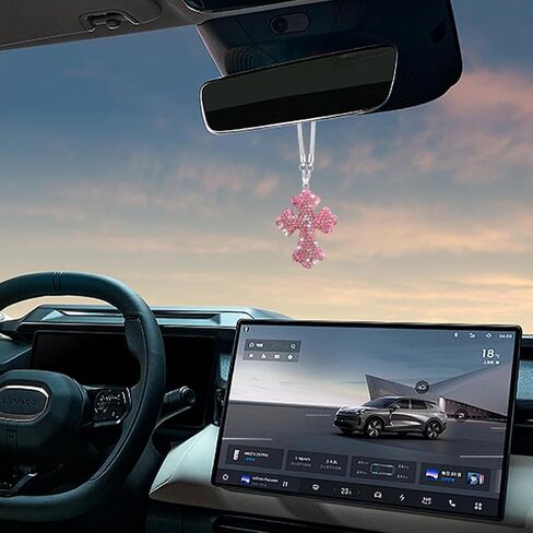 Bling Cross Car Rear View Mirror Hanging Ornament, Crystal Rhinestones Religious Vehicle Rearview Mirror Pendant Charm, Auto Interior Decoration Accessories, Universal Fit (Pink) in Saudi Arabia