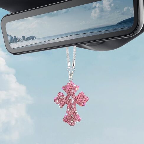 Bling Cross Car Rear View Mirror Hanging Ornament, Crystal Rhinestones Religious Vehicle Rearview Mirror Pendant Charm, Auto Interior Decoration Accessories, Universal Fit (Pink) in Saudi Arabia