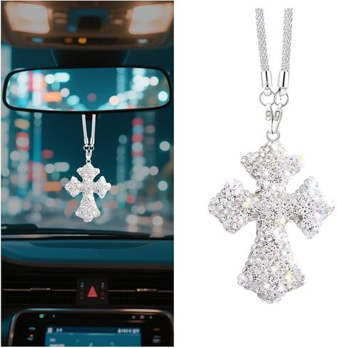 Bling Cross Car Rear View Mirror Hanging Ornament, Crystal Rhinestones Religious Vehicle Rearview Mirror Pendant Charm, Auto Interior Decoration Accessories, Universal Fit (Pink) in Saudi Arabia