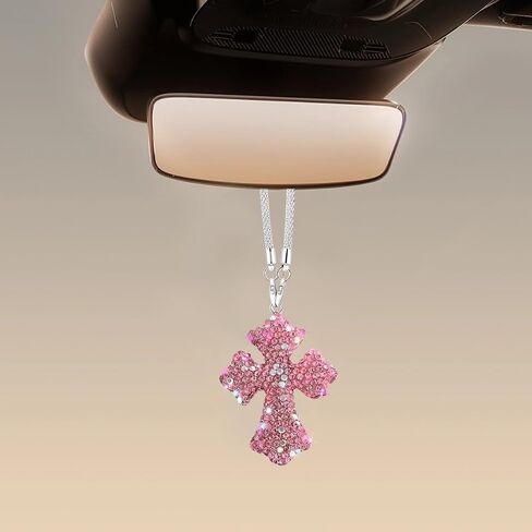 Bling Cross Car Rear View Mirror Hanging Ornament, Crystal Rhinestones Religious Vehicle Rearview Mirror Pendant Charm, Auto Interior Decoration Accessories, Universal Fit (Pink) in Saudi Arabia