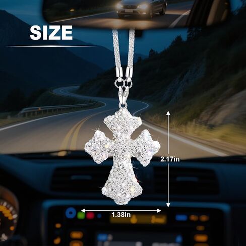 Bling Cross Car Rear View Mirror Hanging Ornament, Crystal Rhinestones Religious Vehicle Rearview Mirror Pendant Charm, Auto Interior Decoration Accessories, Universal Fit (Pink) in Saudi Arabia
