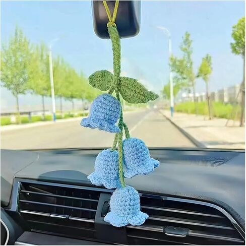 Mandark Car Mirror Hanging Accessories, Lily Flower Handmade Knitted Vehicle Rear View Mirror Pendant, Crochet Flower Auto Interior Rearview Mirror Ornament, Universal for Most Cars (Blue) in Saudi Arabia