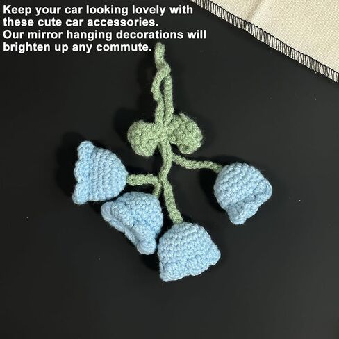 Mandark Car Mirror Hanging Accessories, Lily Flower Handmade Knitted Vehicle Rear View Mirror Pendant, Crochet Flower Auto Interior Rearview Mirror Ornament, Universal for Most Cars (Blue) in Saudi Arabia