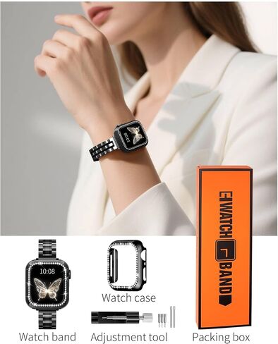 Bling Diamond Case and Metal Band Compatible with Apple Watch Bands | Stainless Steel Strap 46mm 45mm 44mm 42mm 41mm 40mm,Luxury Protective Case For Women iwatch Series 11/10/9/8/7/6/5/4/3/2/1/SE in Saudi Arabia