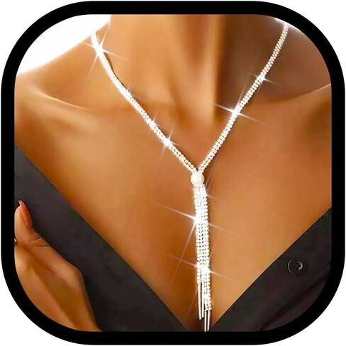 Zoestar Rhinestone Necklace Jewelry Silver Long Stain in Kuwait