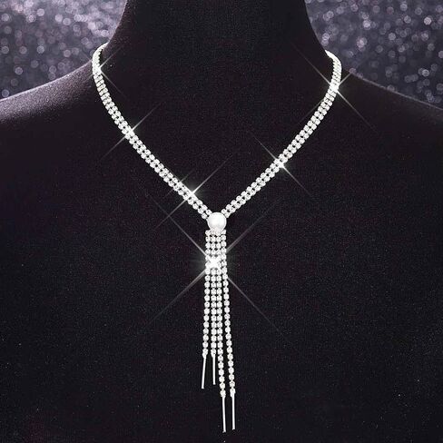 Zoestar Rhinestone Necklace Jewelry Silver Long Stain in Kuwait