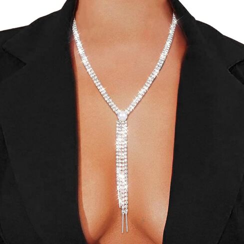 Zoestar Rhinestone Necklace Jewelry Silver Long Stain in Kuwait