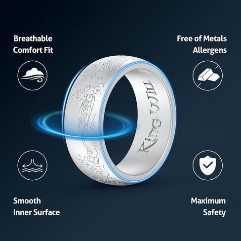 King Will Silicone Mens Ring - Breathable Wedding Bands for Men 8mm Wide Rubber Engagement Band, Geometry/Waves with Design, Comfort Fit Ring- 1/4/6 Variety Multipack Silver/Dark Blue/Grey Size 8-14 in Saudi Arabia