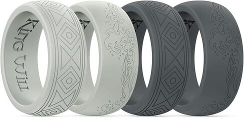 King Will Silicone Mens Ring - Breathable Wedding Bands for Men 8mm Wide Rubber Engagement Band, Geometry/Waves with Design, Comfort Fit Ring- 1/4/6 Variety Multipack Silver/Dark Blue/Grey Size 8-14 in Saudi Arabia