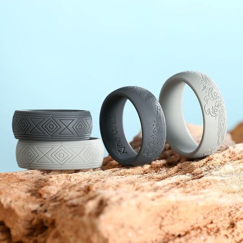 King Will Silicone Mens Ring - Breathable Wedding Bands for Men 8mm Wide Rubber Engagement Band, Geometry/Waves with Design, Comfort Fit Ring- 1/4/6 Variety Multipack Silver/Dark Blue/Grey Size 8-14 in Saudi Arabia